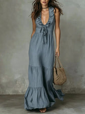 Deep V-Neck Sleeveless Ruffle Tiered Maxi Dress 7