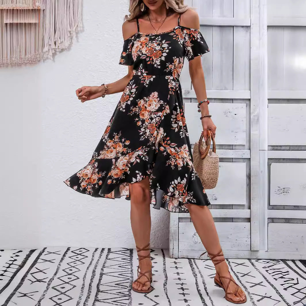 Floral Print Cold Shoulder Ruffle Wrap Hem High Low Midi Dress 3