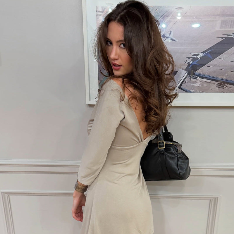 Summer Sexy Deep V Plunge Sexy All Match Half Sleeve Sheath Solid Color Dress for Women
