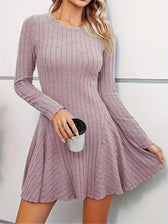 Ribbed Knit V-Neck Long Sleeve Fit and Flare Mini Dress 10
