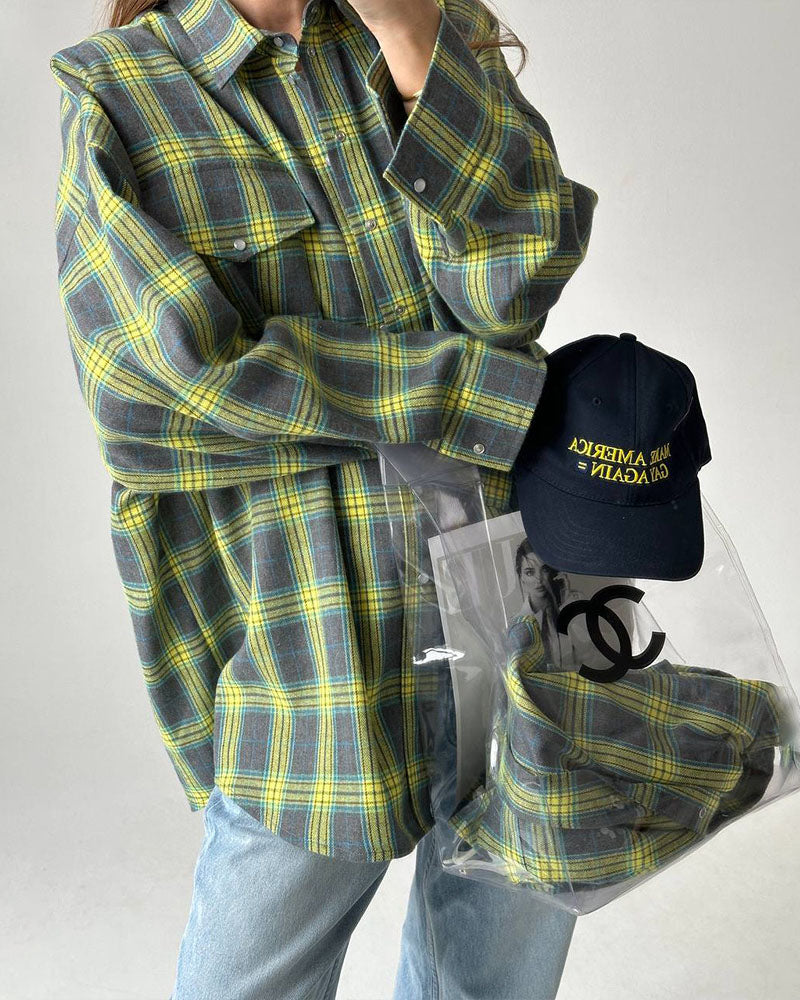 Notched Lapel Loose-Fit Plaid Long Sleeve Pocket Shirt