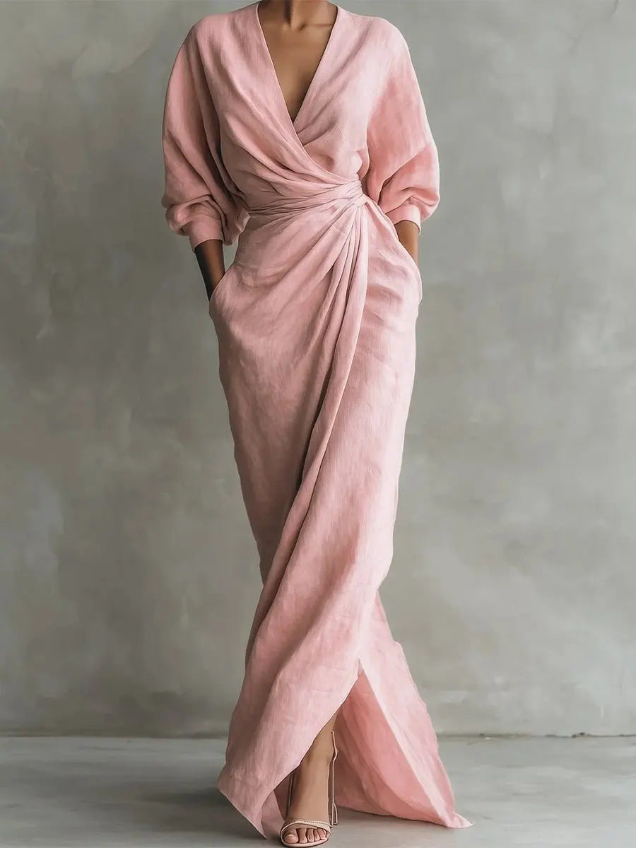 Deep V-Neck Long Sleeve Wrap Ruched High Split Maxi Dress 6