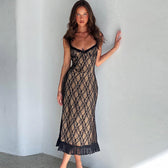 Lace Spaghetti Strap Ruffle Trim Bodycon Midi Dress 3