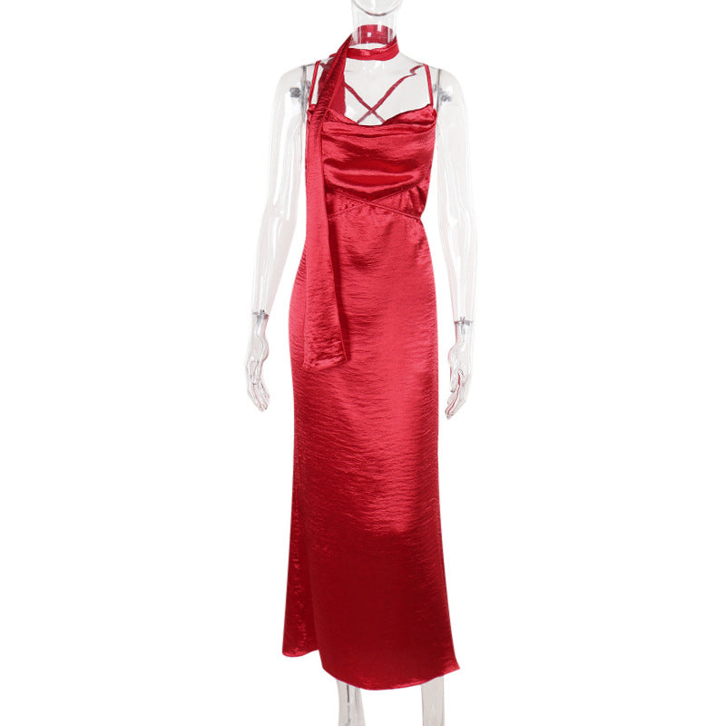 Satin Cowl Neck Spaghetti Strap Scarf Tie Neck Midi Slip Dress 2