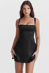 Satin Square Neck Suspender Strap Summer Party Mini Dress - Black 4