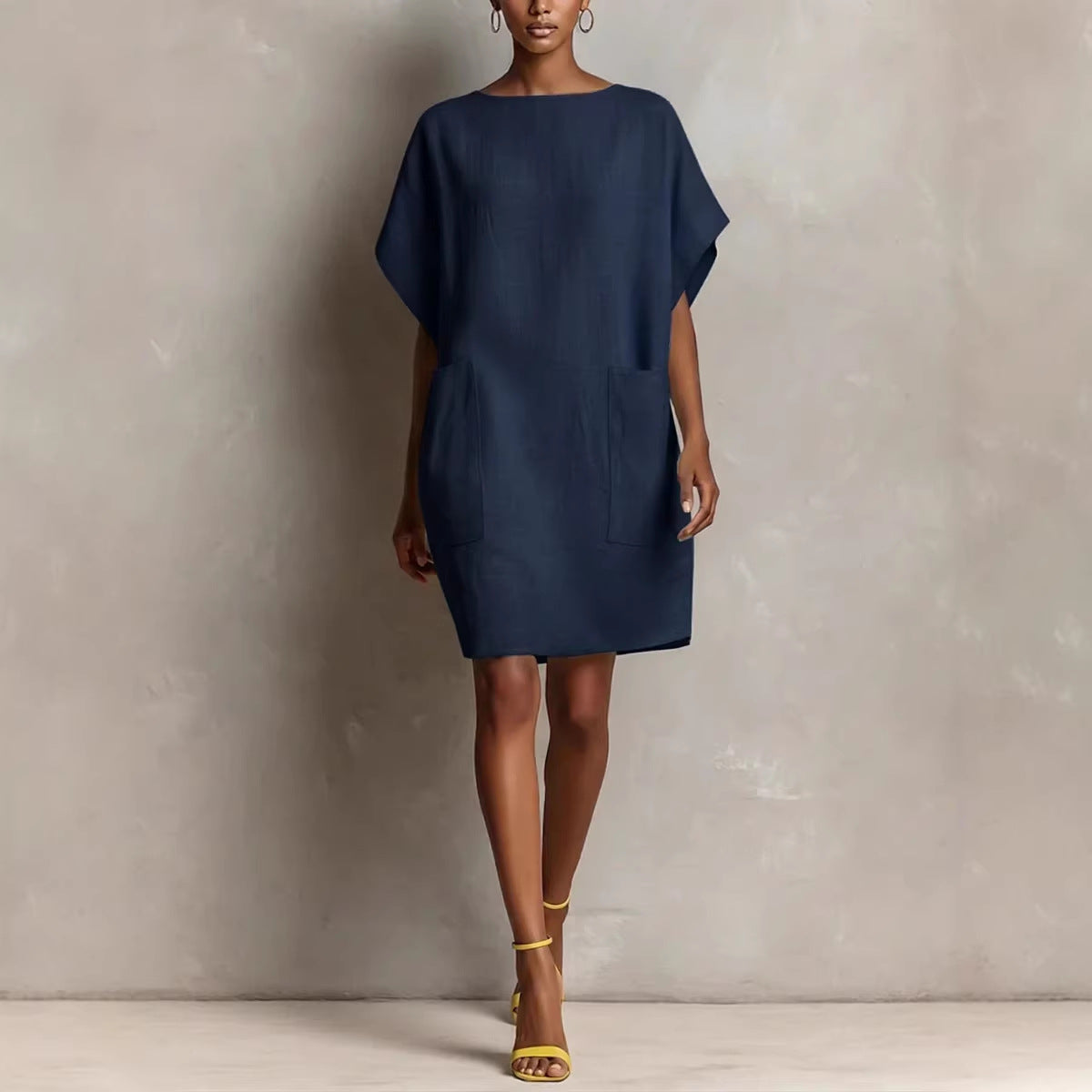 Boat Neck Batwing Sleeve Pocket Shift Mini Dress 4