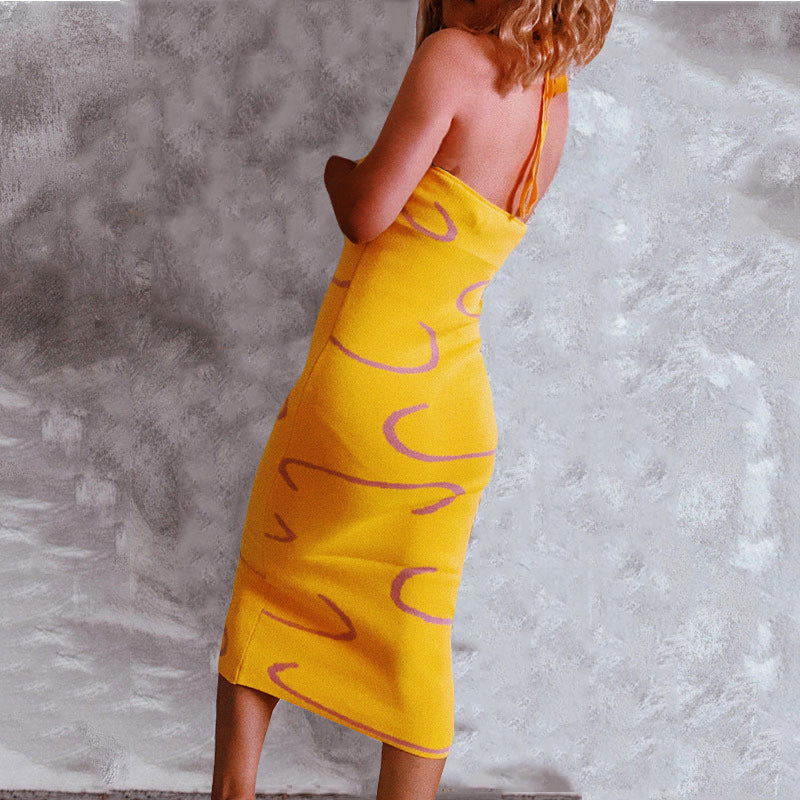 Abstract Swirl Print Knit Halter Scoop Neck Bodycon Midi Dress 4