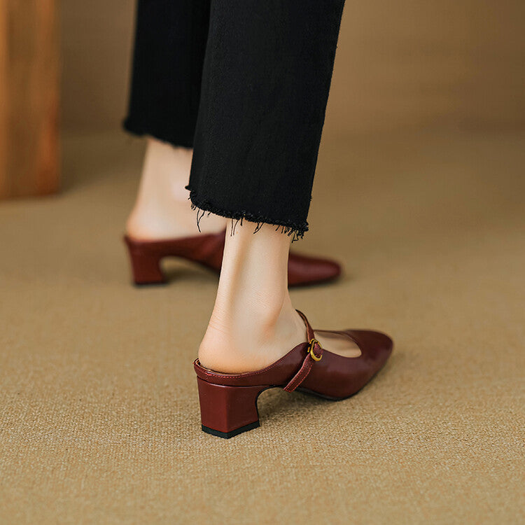 Square Toe Buckle Block Heel Mary Jane Mules