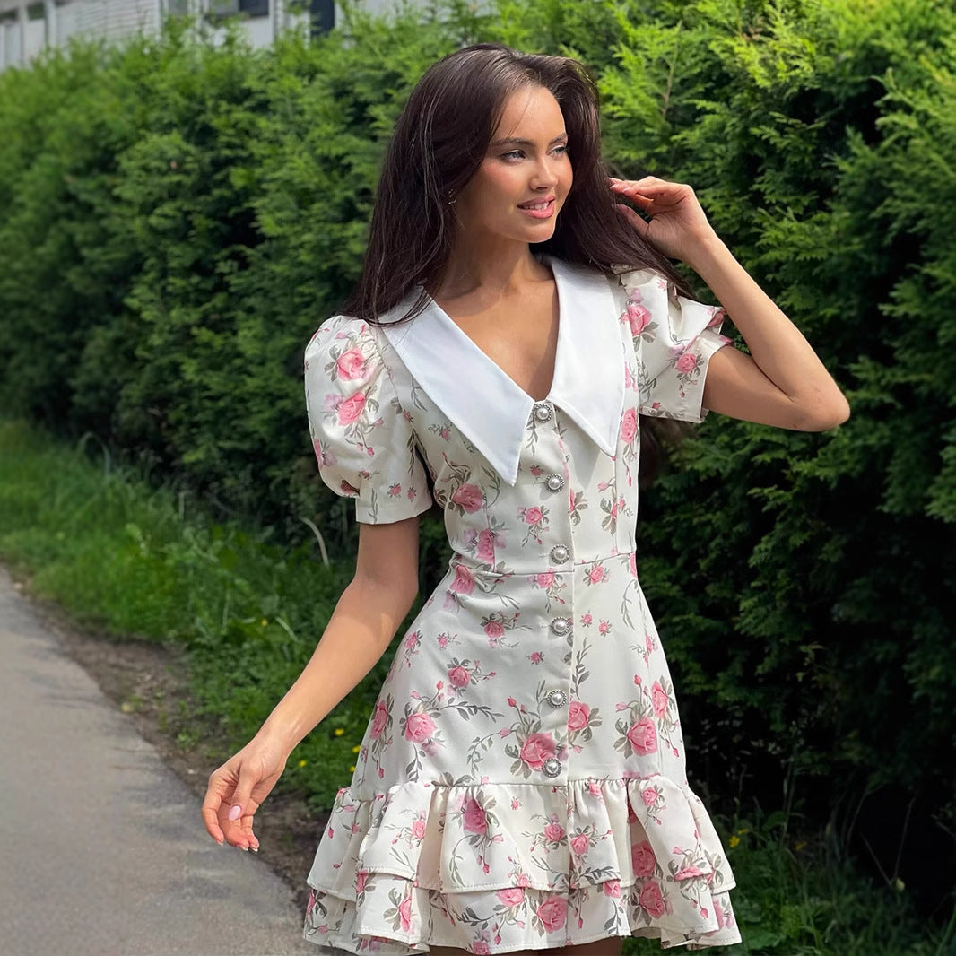 Floral Puff Sleeve Collar Button Front Ruffle Mini Dress 2