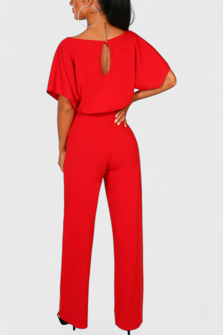 Boat Neck Batwing Sleeve Belted Wide Leg Jumpsuit