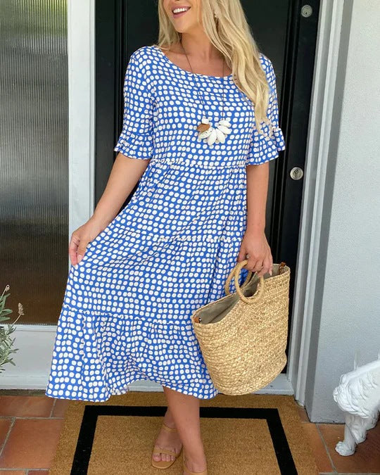 Polka Dot Short Sleeve Tiered Midi Dress 5