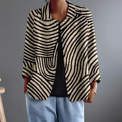 Striped Print Collared Open Front Blazer