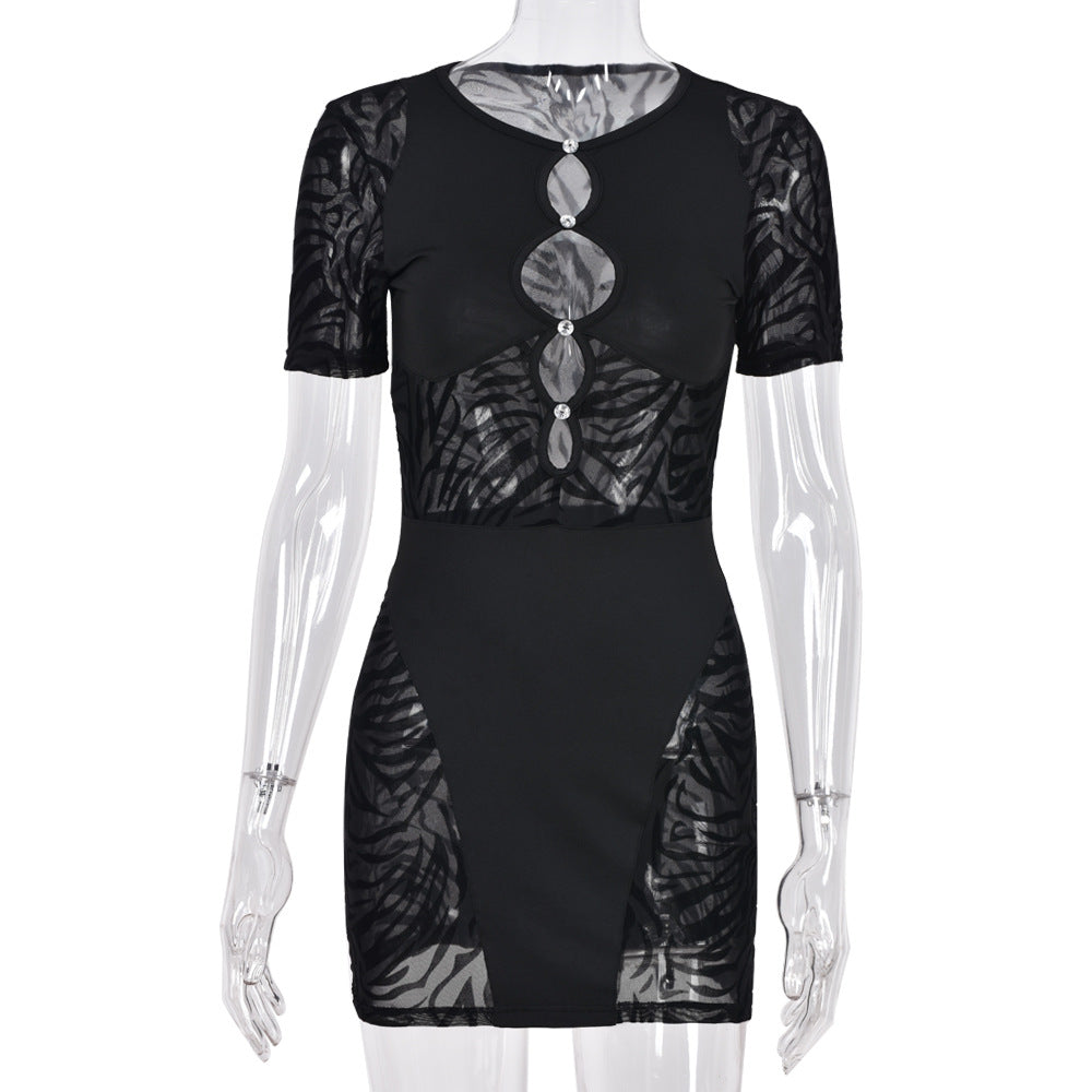 Zebra Mesh Panel Keyhole Cut Out Rhinestone Short Sleeve Bodycon Mini Dress 4