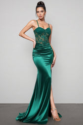 Analu Green Embroidered Lace Slit Maxi Dress - View 4