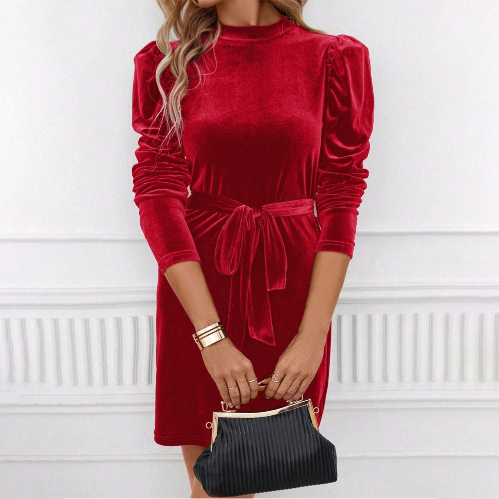 Velvet Mock Neck Puff Long Sleeve Belted Bodycon Mini Dress 3