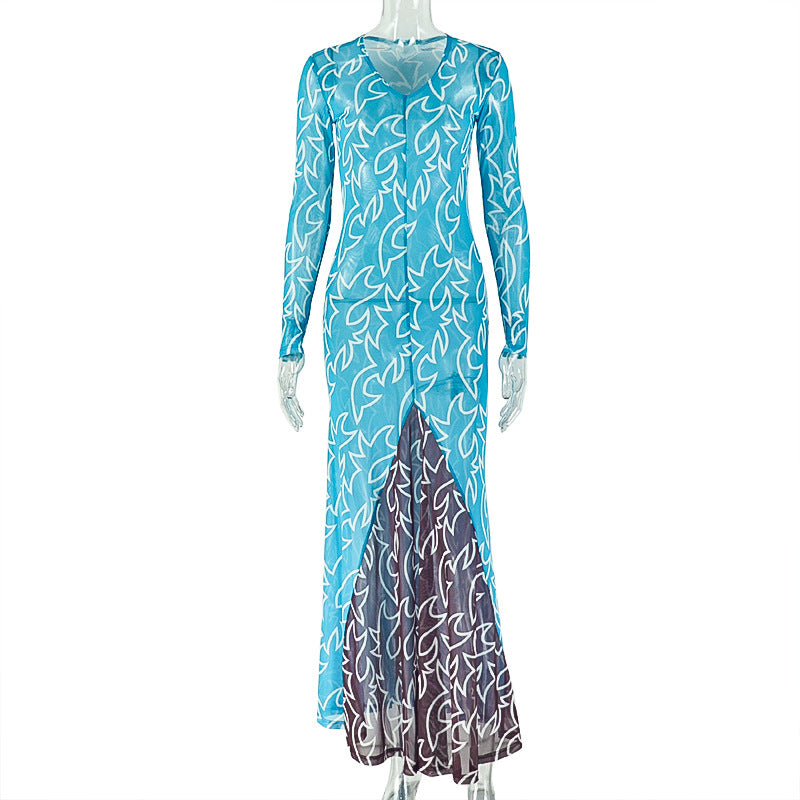 Abstract Print V-Neck Long Sleeve Contrast Panel Mermaid Maxi Dress 2
