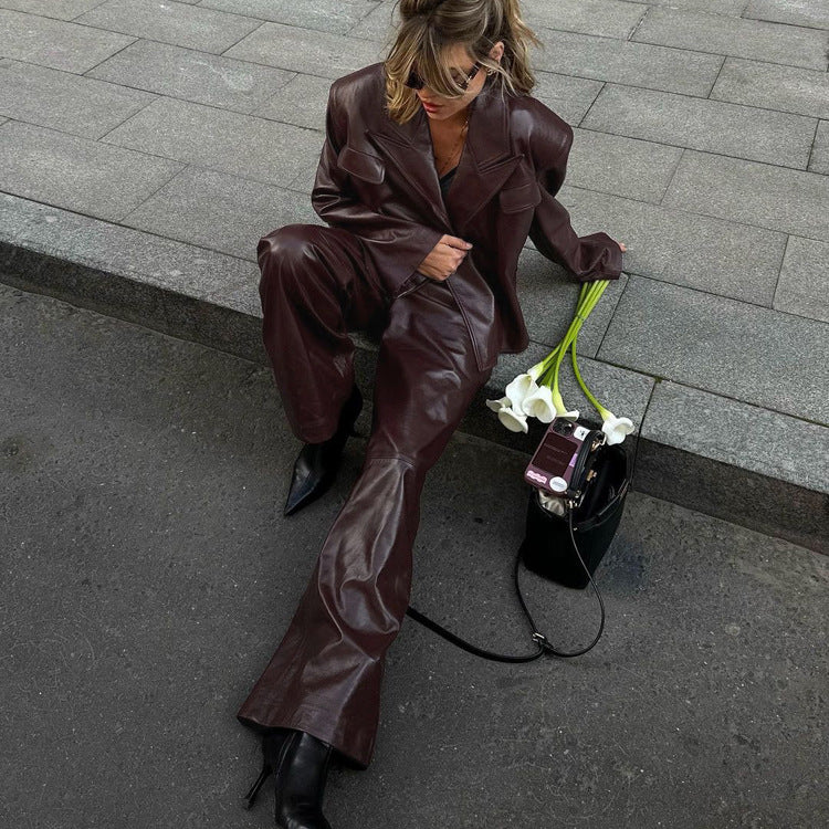 Fashionable Brown Leather Suit Set