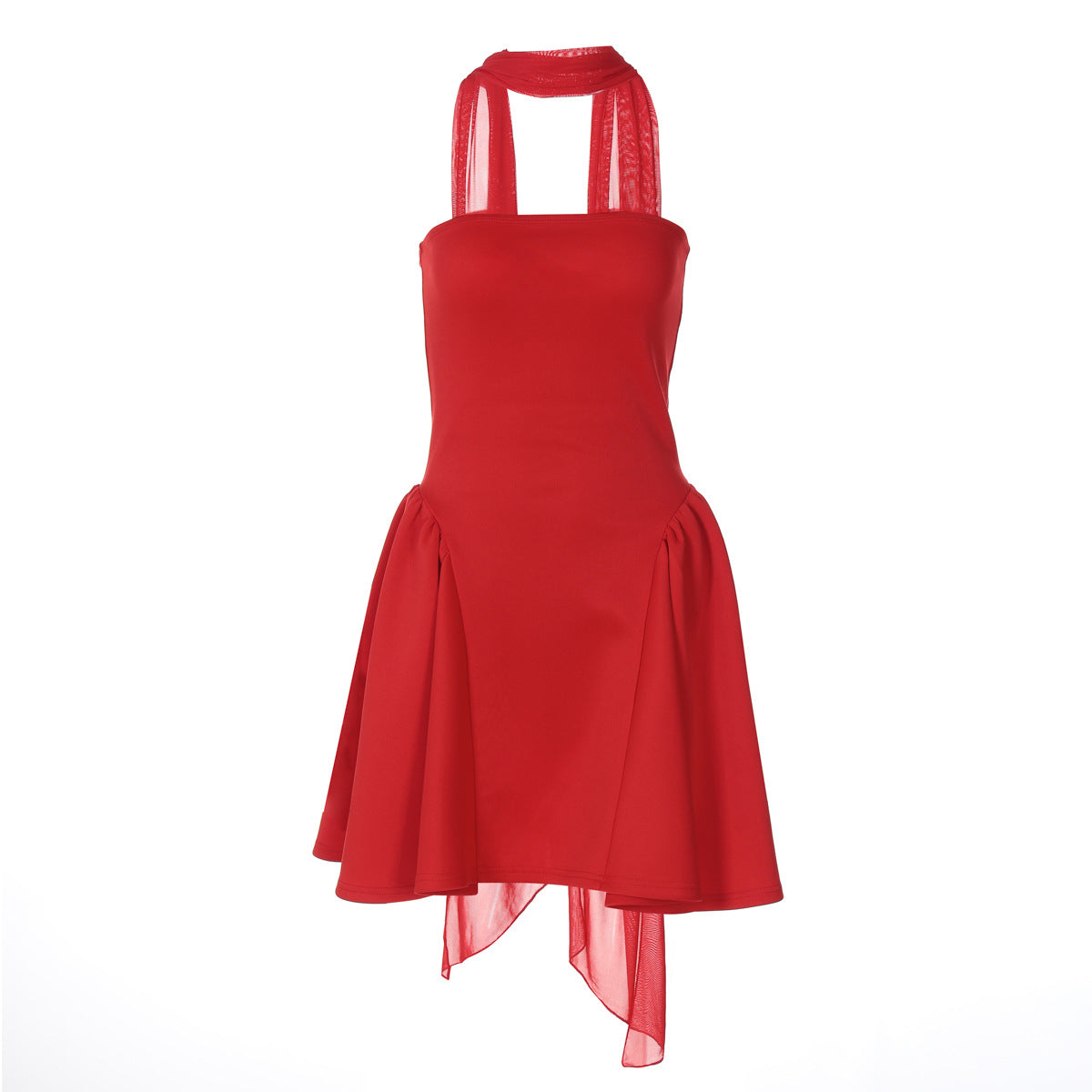 Strapless Fit and Flare Mini Dress with Sheer Scarf Choker 5