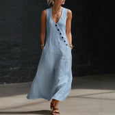 V-Neck Sleeveless Button Front Linen Maxi Dress 3
