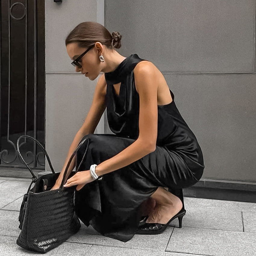 Black Thin Soft Matte Satin Swing Collar off Shoulder Dress - View 4