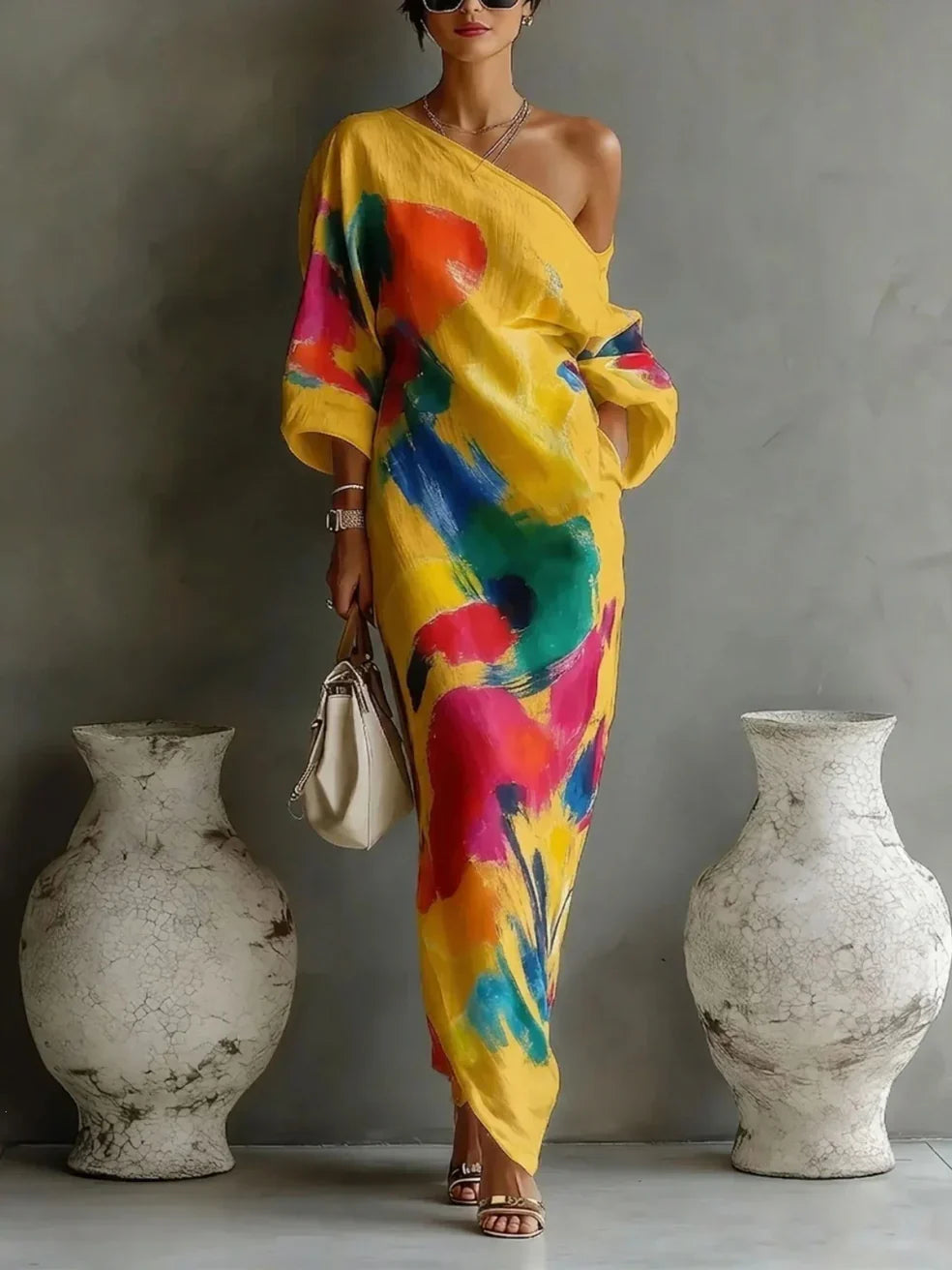 Abstract Paint Print One Shoulder Batwing Sleeve Maxi Dress