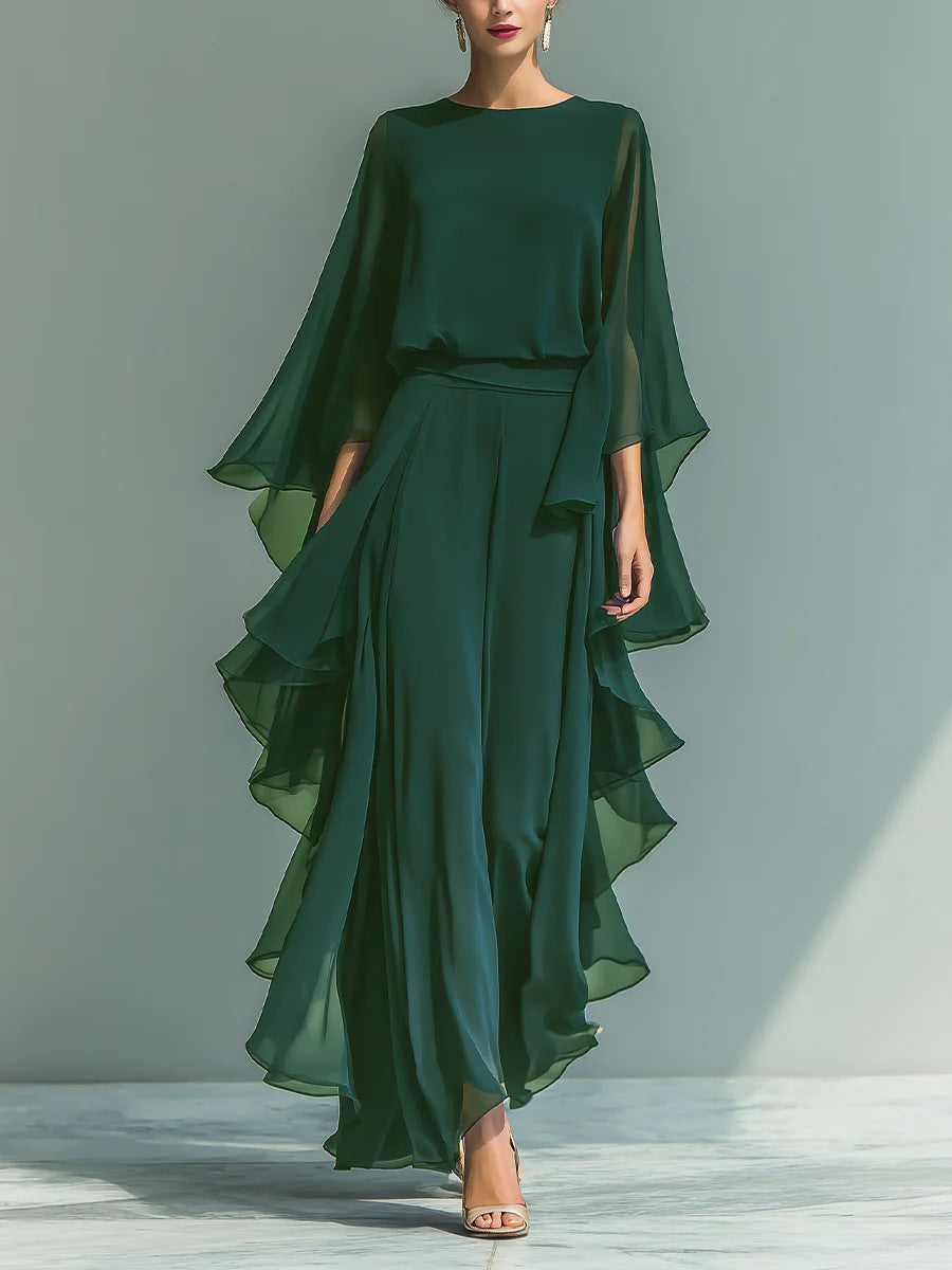 Round Neck Cape Sleeve Ruffle Wide Leg Jumpsuit