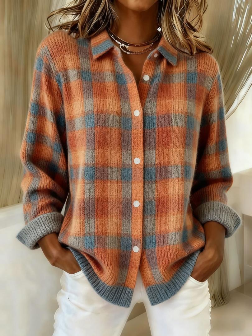Plaid Collared Button Front Knit Cardigan