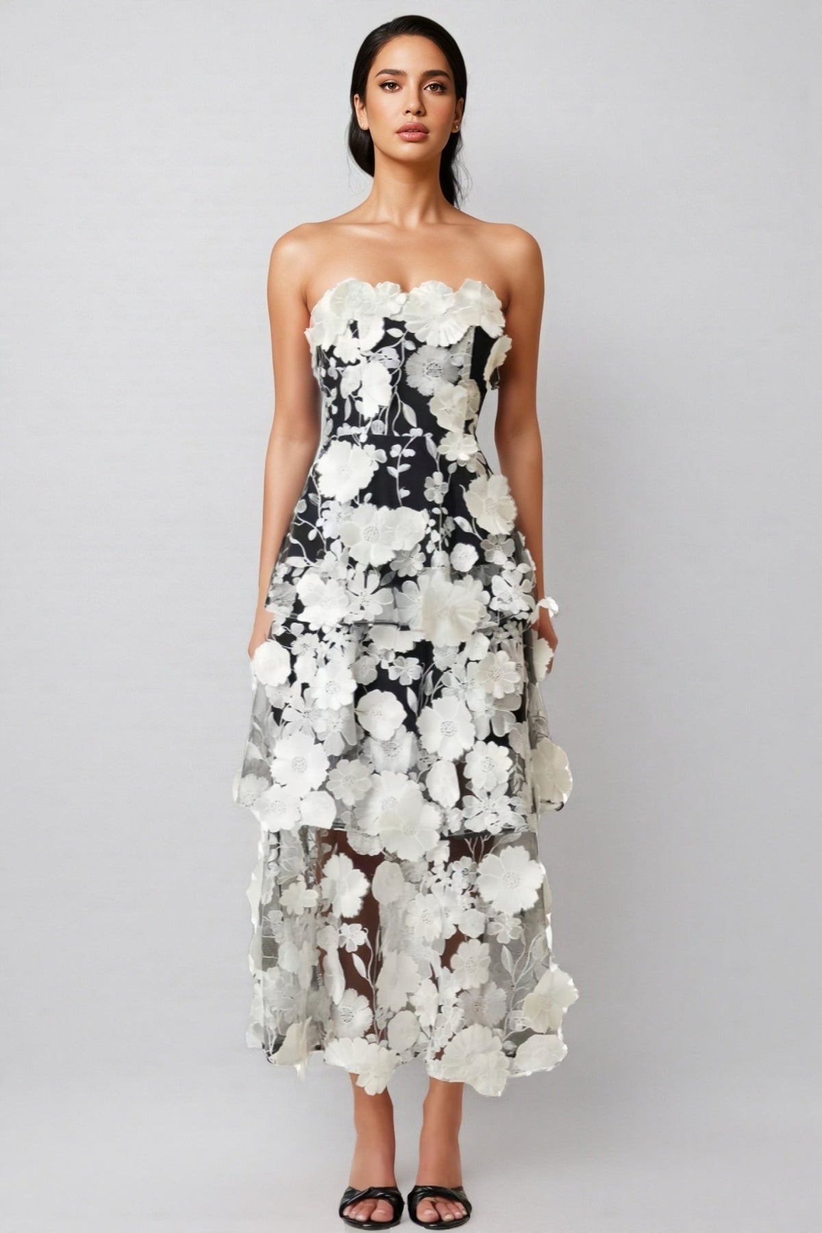 Strapless 3D Floral Applique Sheer Mesh Tiered Midi Dress