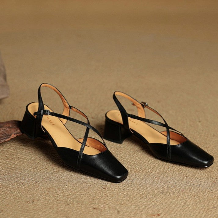 Square Toe Cross Strap Block Heel Slingback Pumps