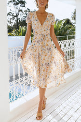 Floral V-Neck Short Sleeve Wrap Midi Dress Summer 11