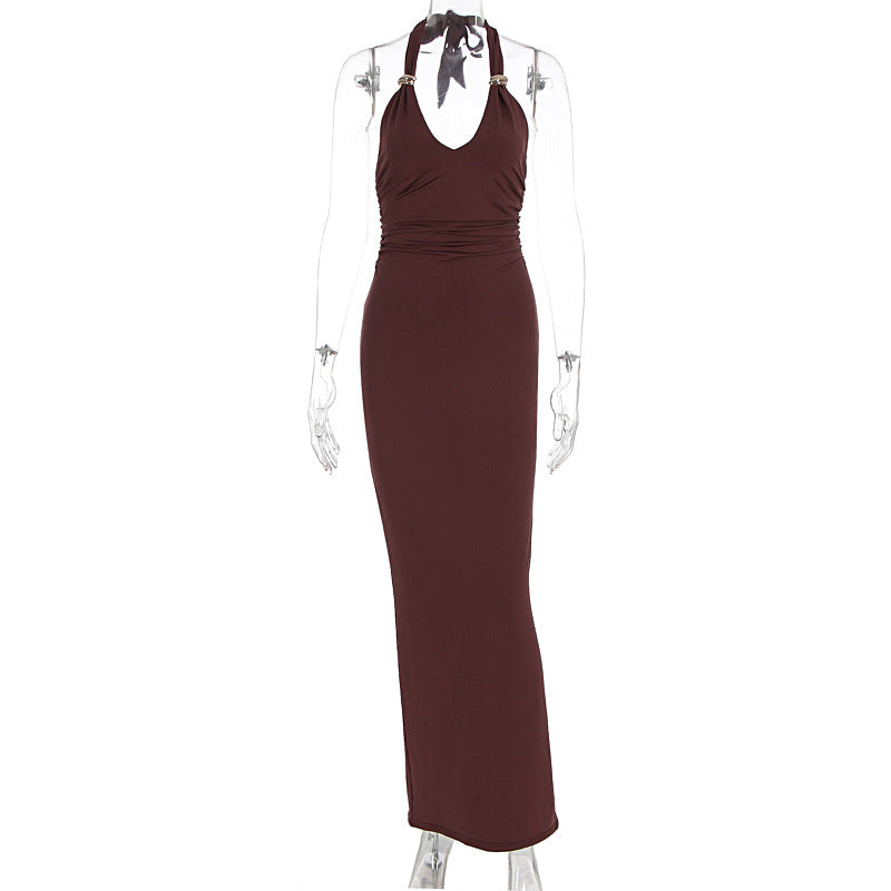 Halter V-Neck Metal Ring Strap Ruched Bodycon Maxi Dress 2