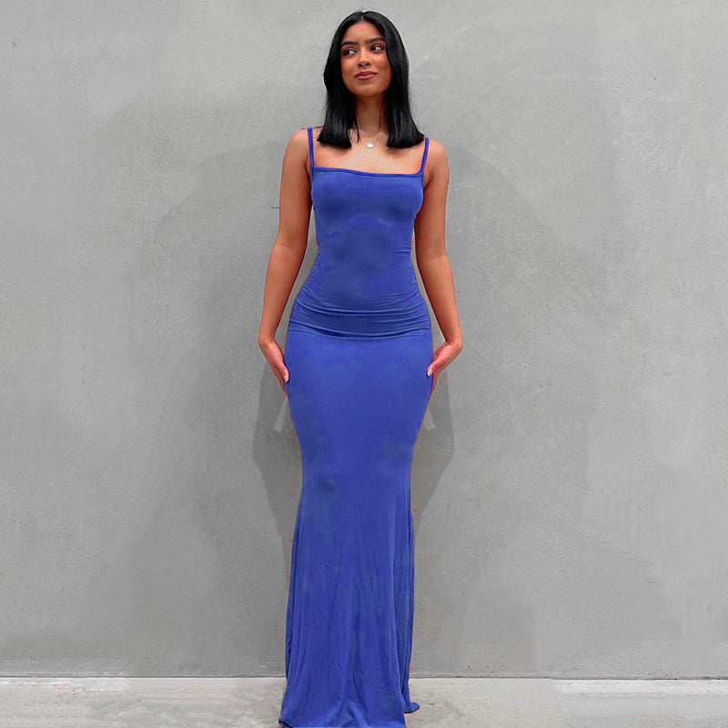 Scoop Neck Spaghetti Strap Bodycon Mermaid Maxi Dress 16