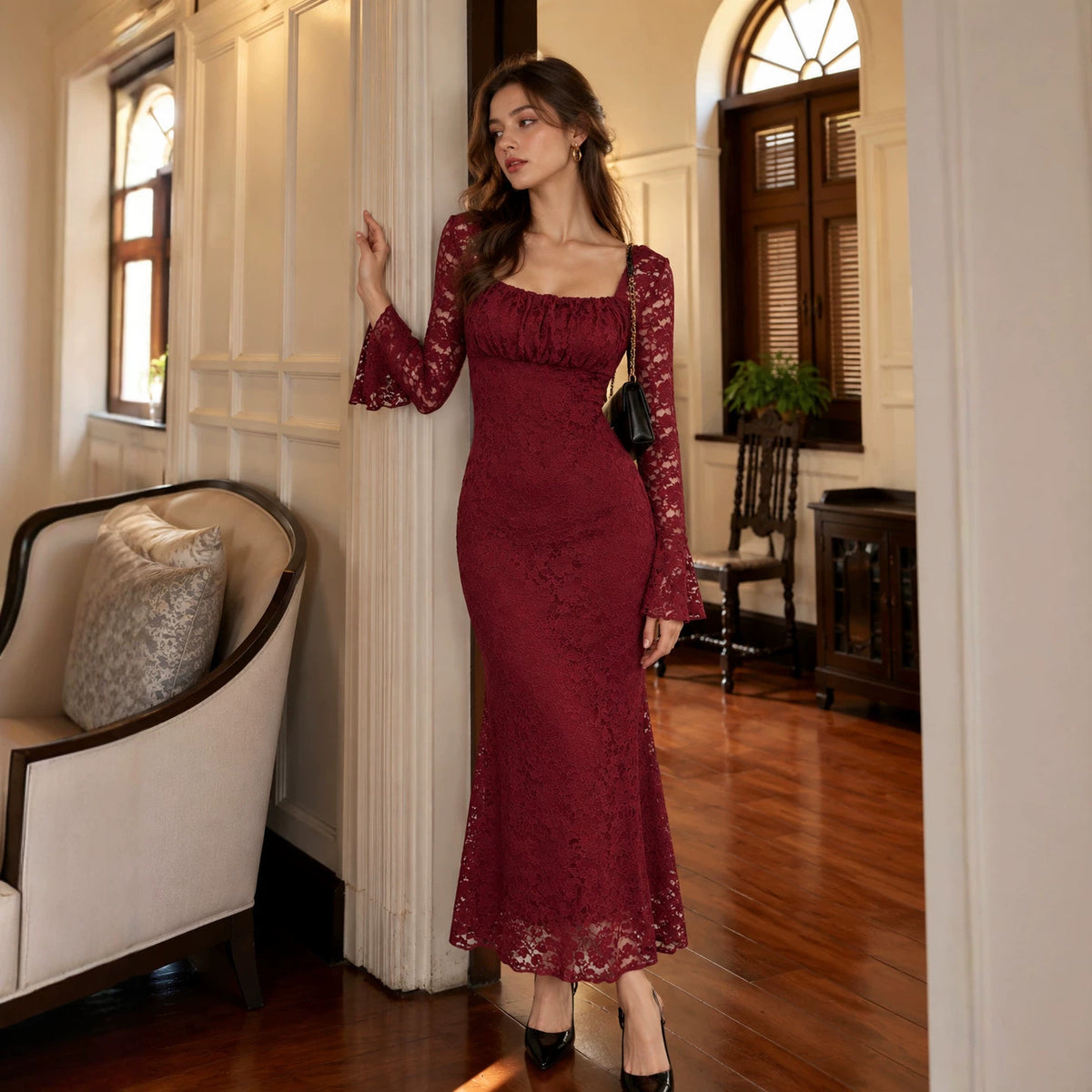 Autumn Women Clothing Fashionable Elegant Slimming Mesh Square Collar Lace Dress