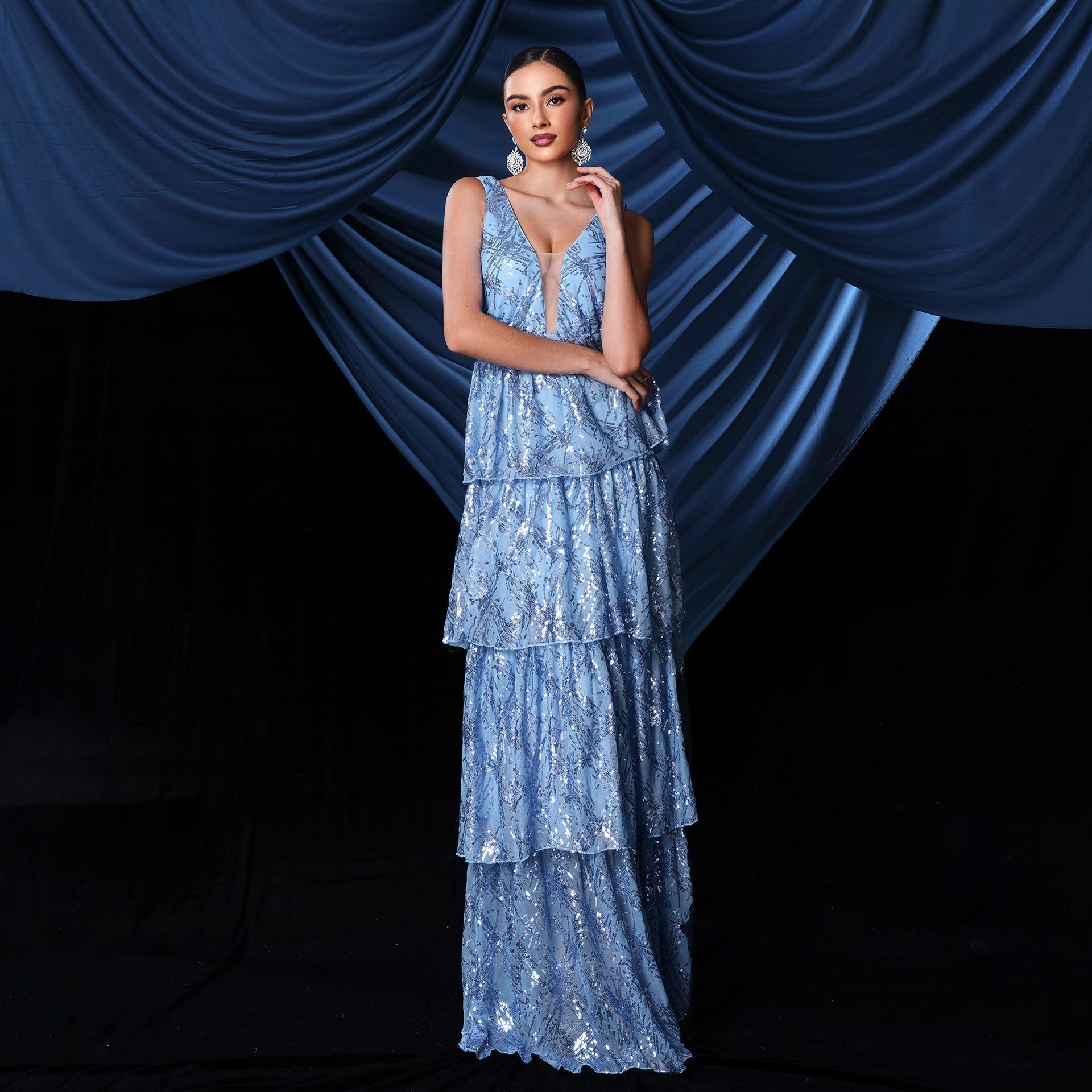 Sequin Deep V-Neck Sleeveless Tiered Ruffle A-Line Maxi Dress