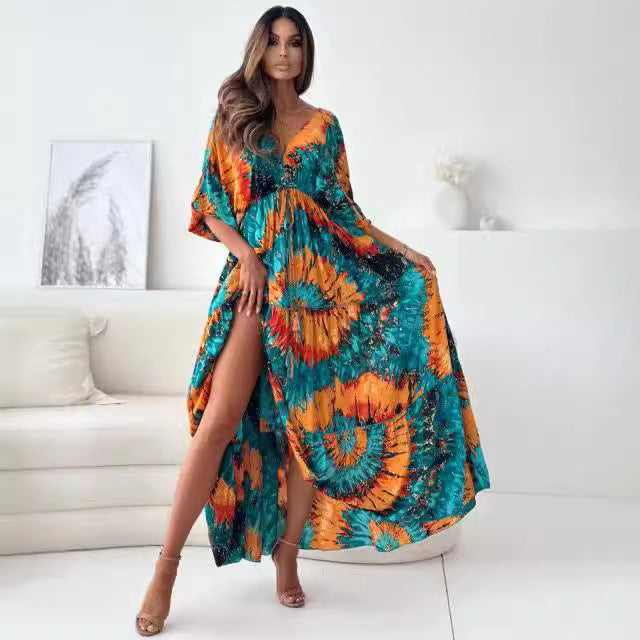 Tie Dye Print Deep V-Neck Batwing Sleeve High Split Maxi Dress