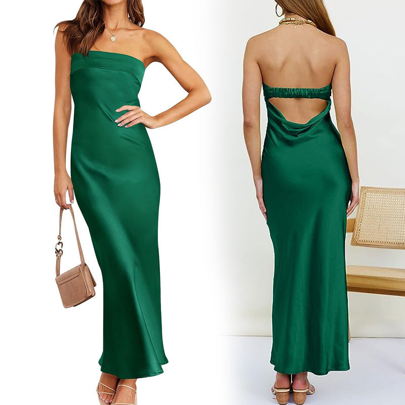 Satin Strapless Fold Over Neckline Column Maxi Dress 5