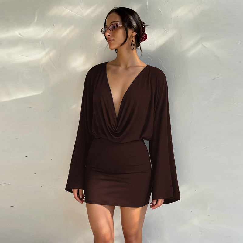 Deep V-Neck Cowl Front Flared Long Sleeve Bodycon Mini Dress