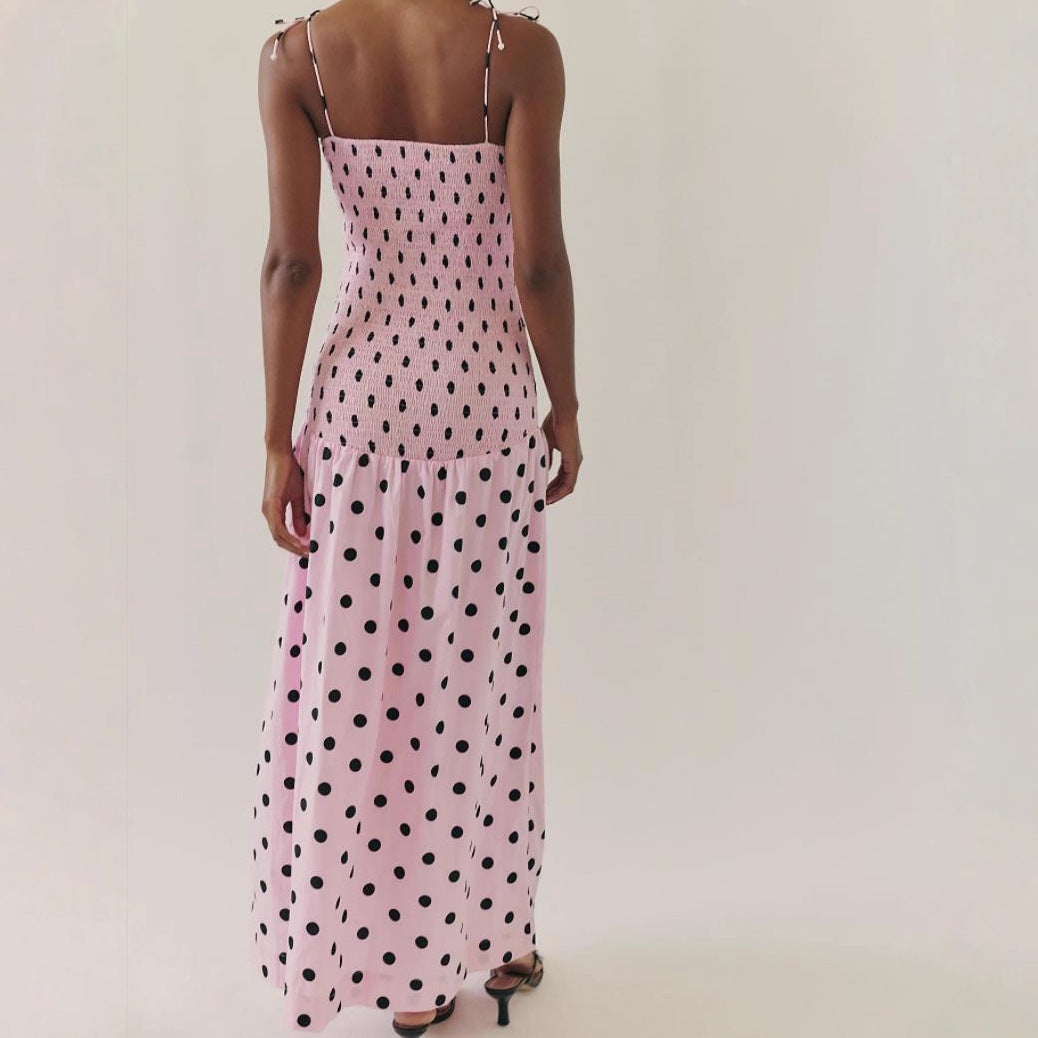 Polka Dot Smocked Bodice Tie Strap Cami Drop Waist Midi Dress 2