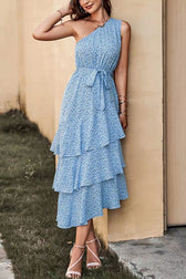 Green One Shoulder Ruffle Trim Dress With Print S / Red One Shoulder Print Maxi Dress