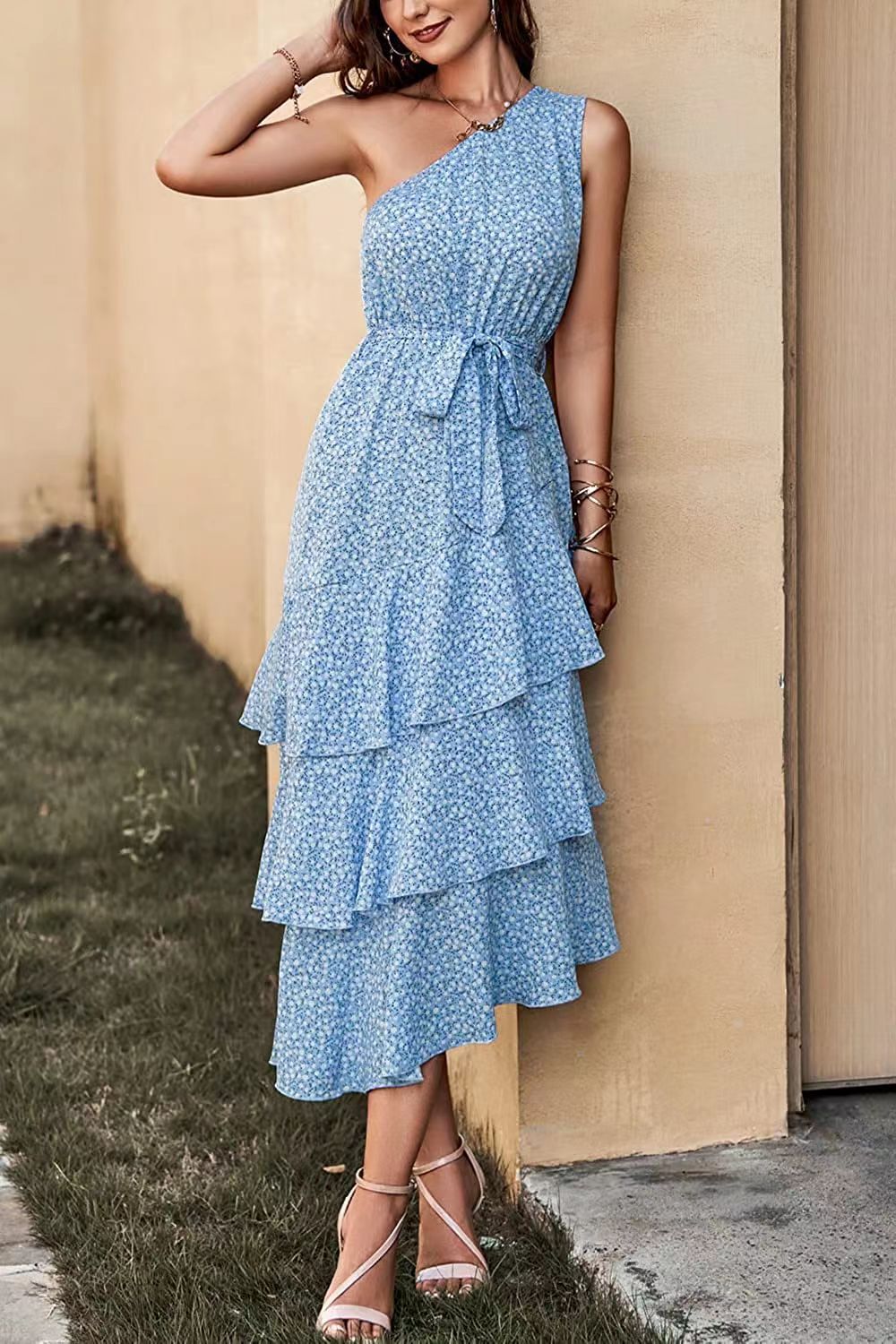 Ditsy Floral One Shoulder Tie Waist Tiered Ruffle Midi Dress 2