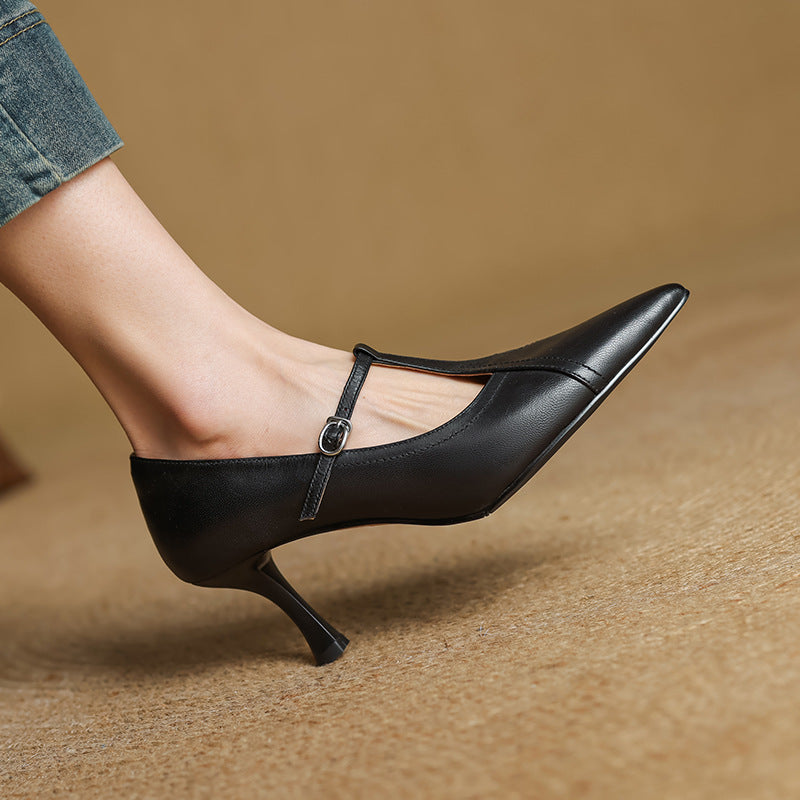 Pointed Toe T-Strap Buckle Stiletto Pumps