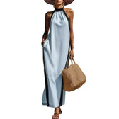 Halter Neck Sleeveless Contrast Trim Maxi Dress Summer 5