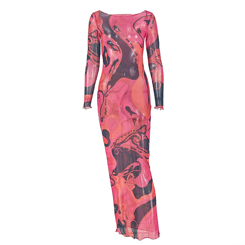 Printing Women Wear Color Matching Party Hip Elegant off Neck Sleeveless Dress