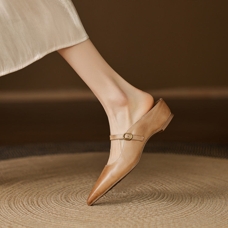 Pointed Toe Mary Jane Strap Backless Mules