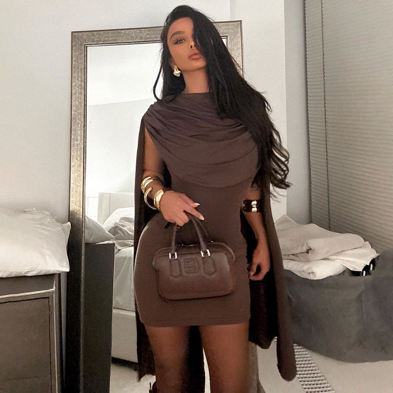 Draped Cowl Neck Cape Sleeve Bodycon Mini Dress
