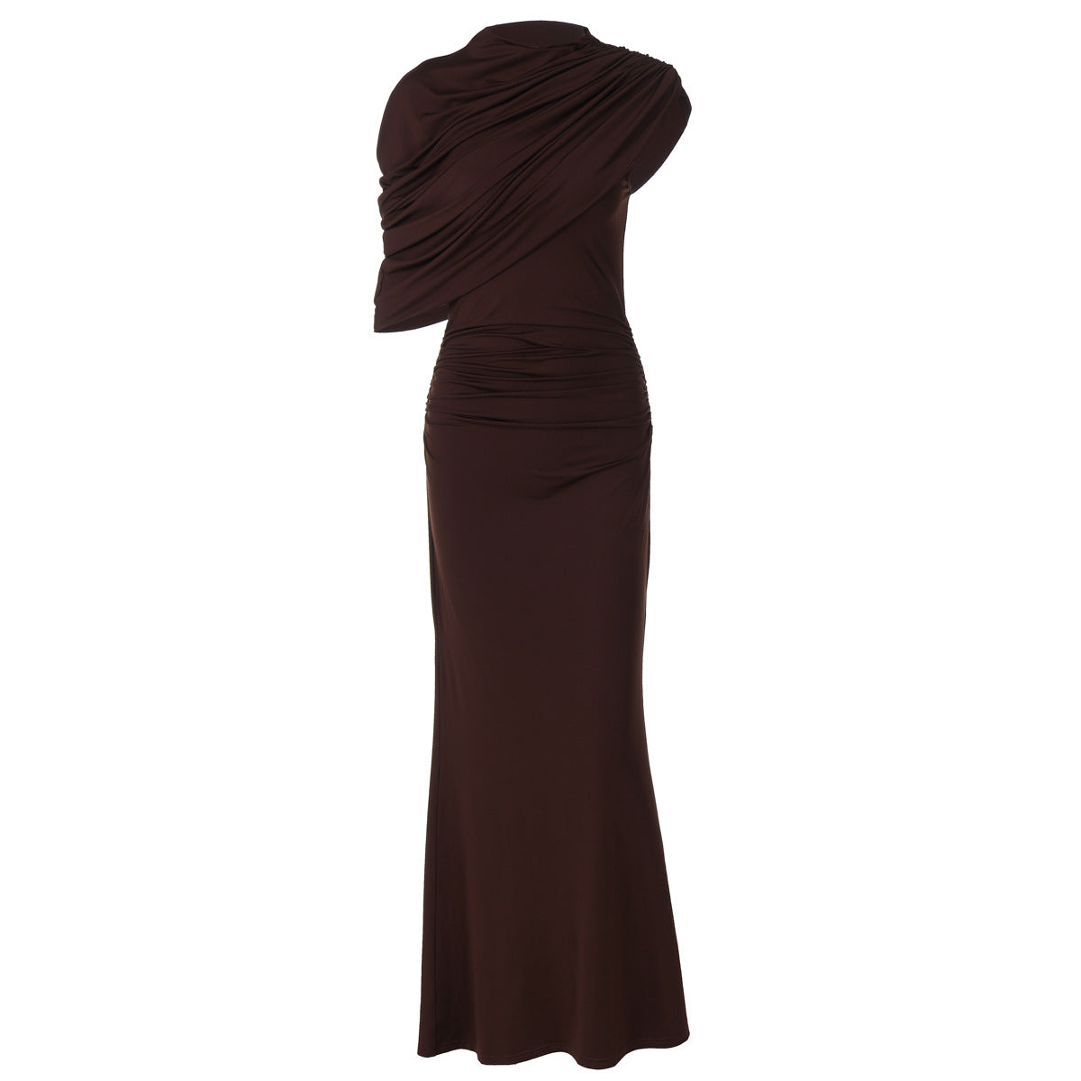 Draped One Shoulder Cape Ruched Waist Bodycon Maxi Dress 5