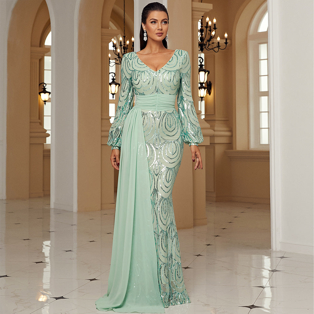 Sequin V-Neck Long Sleeve Mermaid Evening Gown