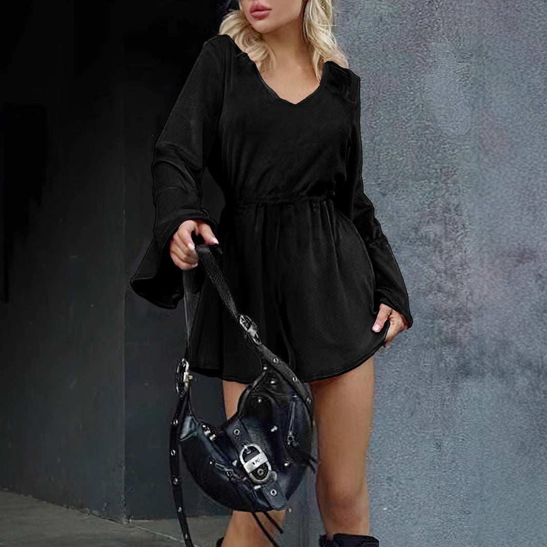 Spring Women Clothing Sexy V neck Waist Tight Velvet Dress