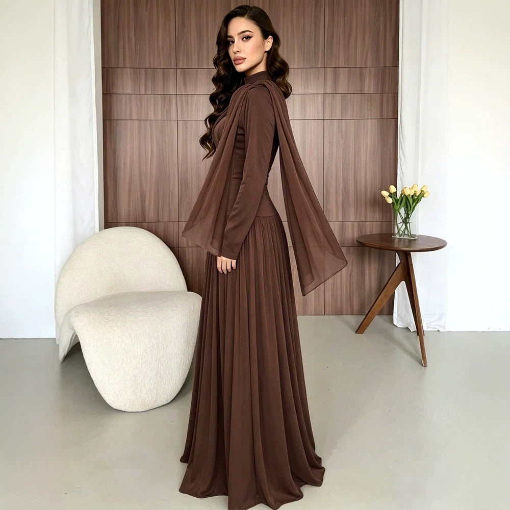Autumn Women Fashionable Solid Color Elegant Satin Ruffled Formal Dinner Long Sleeve Dress