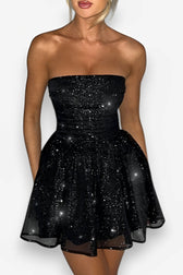 Strapless Glitter Mesh Fit and Flare Mini Dress